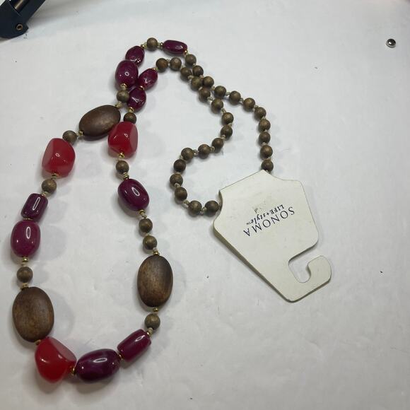 Sonoma beaded necklace signed costume jewelry chunky red brown resin wooden beea - Picture 7 of 9